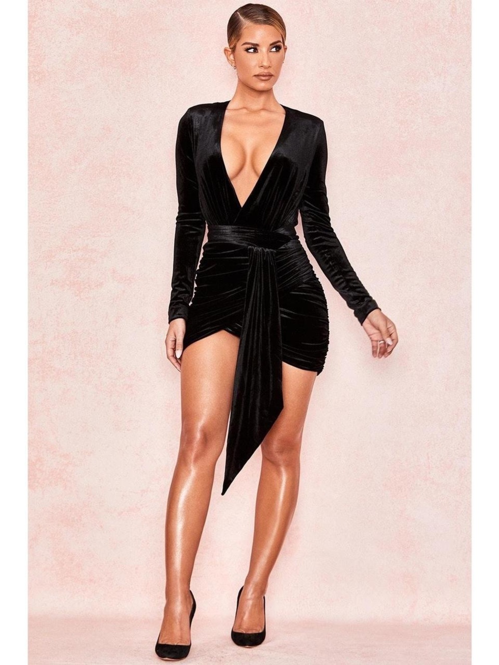 House of CB Farrah Black Velvet Gathered Deep V Dress XS